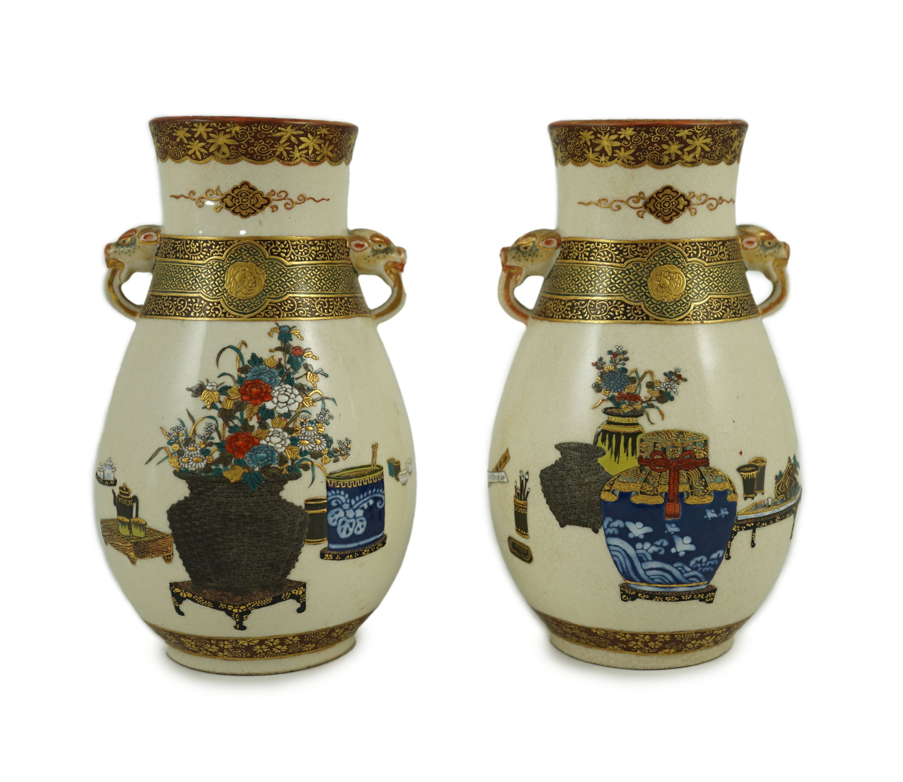 A pair of Japanese Satsuma pottery vases, by Bizan, Meiji period, 18.2cm high